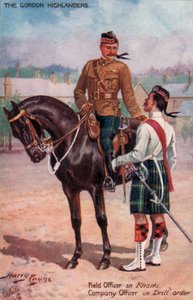 The Gordon Highlanders, Field Officer in Kharki, Company Officer in Drill order (colour litho)