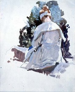 坐在岩石上的白衣女子（纸上油画）