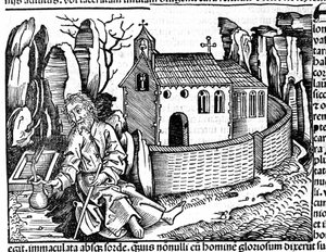 A pilgrim stops in a monastery during his journey after Hartmann Schedel