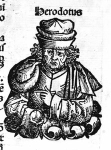 希罗多德的肖像（公元前 484 年 - 公元前 425 年），希腊历史学家。 Hartmann Schedel “纽伦堡编年史”的木版画 作者 哈特曼·谢德尔（Hartmann Schedel）