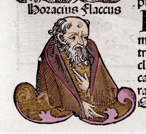 贺拉斯（Horace）（公元前65-8年），拉丁诗人的肖像。 在 Hartmann Schedel 的““编年史之书””中。 1497 作者 哈特曼·谢德尔（Hartmann Schedel）