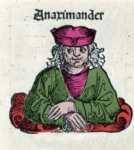 代表 Anaximandros 或 Anaximander De Miletus（公元前 610 - 547 年），希腊哲学家、数学家和天文学家 Hartmann Schedel 的“纽伦堡编年史”木版画
