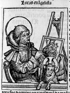 Representation of the Evangelist Saint Luke. Engraving from “Liber chronicarum” (Nuremberg chronicles) by Hartmann Schedel 1493