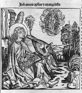 福音传教士圣约翰的代表。 Hartmann Schedel 1493 年雕刻的“Liberchronarum”（纽伦堡编年史）