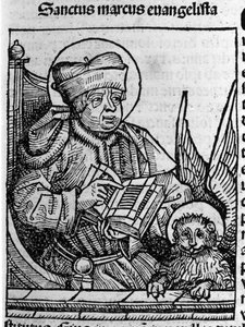 福音传教士圣马可的代表。 Hartmann Schedel 1493 年雕刻的“Liberchronarum”（纽伦堡编年史） 作者 哈特曼·谢德尔（Hartmann Schedel）