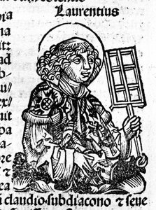 Saint Laurent holding in his hand the grill, an instrument of his martyrdom. Engraving from the “Liber Chronicarum by Hartmann Schedel” 作者 哈特曼·谢德尔（Hartmann Schedel）