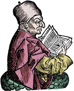 历史学家和神学家 Bede the Venerable (673-735) (Beda Venerabilis)。 Hartmann Schedel 的“纽伦堡编年史”木版画
