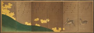 鹿与枫树，约 1605-10 年（六扇折叠屏风：纸本水墨、彩色和金色） 作者 长佐川＆索顿铁山（1531-1617）（作者）东伯