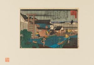 木版画--大阪北新地的雨景。撑伞的人，19世纪 作者 长谷川贞信