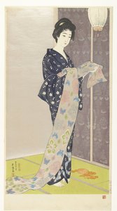 身着夏日和服的年轻女子
夏日よそいの麝香（物名） 作者 无名氏