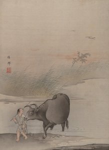 在河边的男孩和牛。 作者 桥本嘉穗