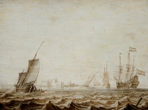 在波涛汹涌的大海中降下风帆的 Wijdschip，17 世纪中叶（木板油画） 作者 赫尔曼·威特蒙特