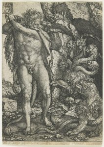 赫拉克勒斯摧毁了1550年的Lernaean Hydra 作者 海因里希·阿尔德勒弗（Heinrich Aldegrever）