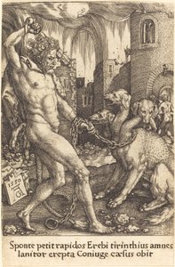 海格力斯和刻耳柏洛斯，1550年。 作者 海因里希·阿尔德勒弗（Heinrich Aldegrever）