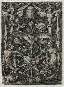 1550年，中心有蝙蝠的装饰品设计。 作者 海因里希·阿尔德勒弗（Heinrich Aldegrever）