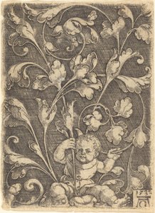 带坐姿儿童的卷轴装饰，1532年。 作者 海因里希·阿尔德勒弗（Heinrich Aldegrever）