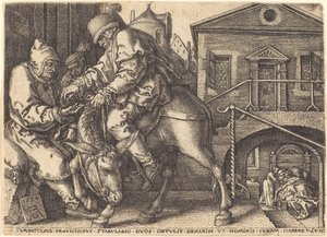 为旅行者支付住宿费用的好撒玛利亚人，1554年。 作者 海因里希·阿尔德勒弗（Heinrich Aldegrever）