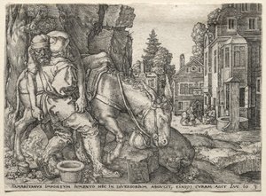 好撒玛利亚人的寓言：好撒玛利亚人把旅行者放在驴上，1554年。 作者 海因里希·阿尔德勒弗（Heinrich Aldegrever）