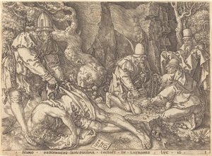 小偷中的旅行者，1554年。 作者 海因里希·阿尔德勒弗（Heinrich Aldegrever）