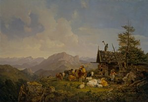上巴延的风景，牧民和他们的牛在小屋旁休息