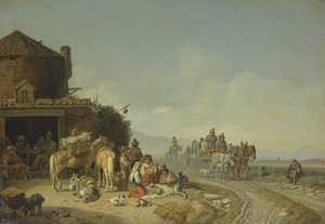 路边旅馆前的旅行者