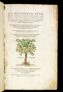 由Leonard Fuchs（1501-66）撰写的&39;De Historia Stirpium Commentarii Insignes&39;的标题页，由Rodolphe Speckle（第1550页）刻，出版于1542年