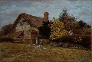 Laburnum Cottage：一个女人在喂鸭子（水彩）。 作者 海伦阿灵厄姆