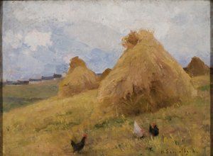 玉米秸秆中的小鸡，约 1888 年（布面油画） 作者 海伦·谢尔夫贝克