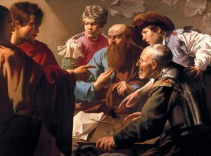 圣马太的呼召（卒于 61 年）（The Call Of Saint Matthew）。 描绘的他坐在迦百农（以色列的迦百农，Kefar Nahum）海关办公室，被耶稣指定并跟随他，成为他的使徒之一并写了一本福音书。 画家