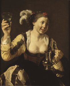 Une fille tenat un verre ( le gout, serie des cinq sens) - 《拿着玻璃杯的女孩（味觉。选自 "五感 "系列）》，作者特布鲁根、亨德里克-扬斯（1588-1629 年）。布面油画