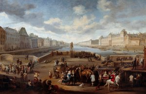 从亨利四世桥（Actuel Pont Neuf）拍摄的巴黎与卢浮宫的景色。亨德里克斯-莫默斯（1623-1693）的画作