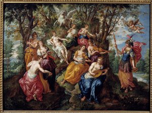 米涅瓦在缪斯女神前的访问 亨德里克-德-克拉克（Hendrick de Clerk，1570-1629 年）（ec.flam. 17 世纪马恩河畔夏隆）的绘画。美术博物馆 作者 亨德里克·德文员