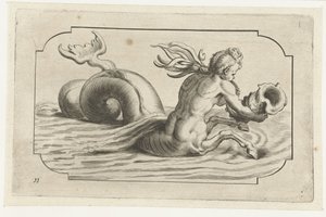 具有男性化上半身的海马 Nouveau Livre des Dieux et Deeßes De la Marine Bouckje van Sea Gods and Goddesses（系列标题） 作者 亨德里克·德凯泽 (I)