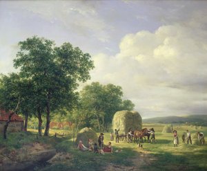 树木繁茂的干草堆造景，1822年 作者 亨德里克·范·德·桑德·巴休森