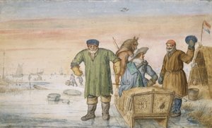 1620-33年，两个老头在旁边戴着阿姆斯特丹和乌得勒支徽章的雪橇旁