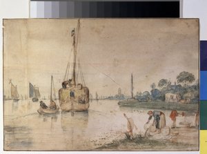 "装着干草的驳船" 亨德里克-阿弗坎普（1585-1634 年）1625-1630 年绘制的水墨和无框画 莫斯科普希金美术馆 作者 亨德里克·阿弗坎普
