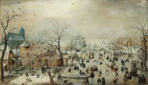 与溜冰者的冬天风景。 c.1608（面板上的油）
