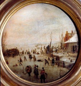冬季风景与滑冰者和曲棍球运动员 画家：亨德里克-阿弗尔坎普（1585-1634） 直径25厘米 新街博物馆（前罗索宫） 基尼斯 意大利
