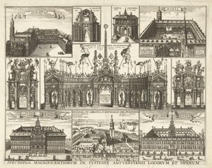 印有十幅红衣主教费迪南德进入安特卫普的图画的纸张，1635 年
Specimina magnificentiorum in civitate Antverpiensi locorum et operum（物上标题）