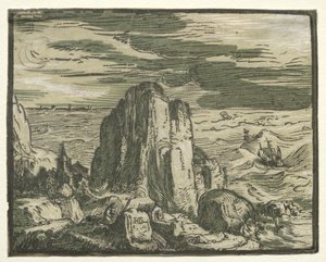从一组4个景观中：悬崖峭壁。 作者 亨德里克·古尔齐乌斯（Hendrik Goltzius）