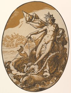 特提斯斜倚在一个巨大的贝壳战车中，由两个海洋生物（1588-90）牵引。 作者 亨德里克·古尔齐乌斯（Hendrik Goltzius）