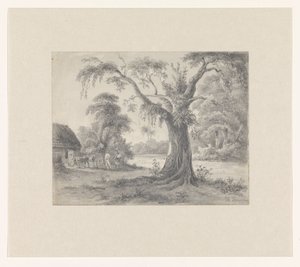 风景：一棵树、小屋、马车和两个人物 作者 亨德里克·惠更斯（艺术家签名）