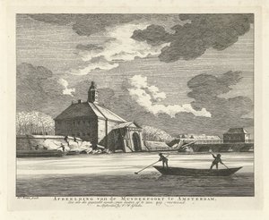 从 Singelgracht 看到的脱垂的 Muiderpoort，1769 年 阿姆斯特丹 Muyderpoort 的图像，就像从外面看到的倒塌的 Synde（物体上的标题）