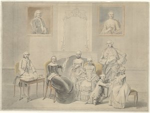 墙上挂着彼得·科内利斯·哈塞拉尔 (Pieter Cornelis Hasselaer) 和克拉拉·温德拉·萨蒂金 (Clara Wendela Sautijn) 的孩子们和他们的祖母温德拉·埃莱奥诺拉·雷尔 (Wendela Eleonora Reael) 的肖像 作者 亨德里克·波多芬