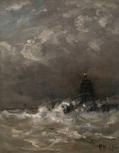 在浪花中的灯塔。约于1900-07年