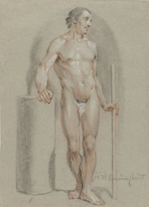 男性裸体站立，手持拐杖，支撑着工作室的圆筒