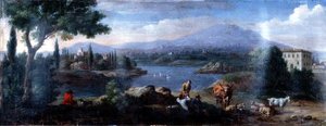 意大利风格的风景画，有牛群在休息 作者 Hendrik van (studio of) Lint