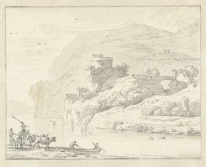 意大利式山景，牧人和牛群，以及两个乘船渡河的人物 作者 Willem Schellinks（拒绝归因）
