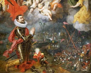 唐·阿尔瓦罗·德·巴赞 (Don Alvaro de Bazan) 在 1580 年战胜土耳其人后致谢，由亨德里克·范·巴伦 (Hendrick van Balen)（1575-1632 年）绘制