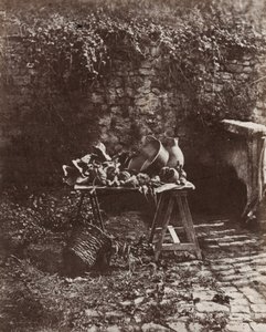 静物：锯木架桌上的锅、壶和蔬菜，约 1852 年（照片）